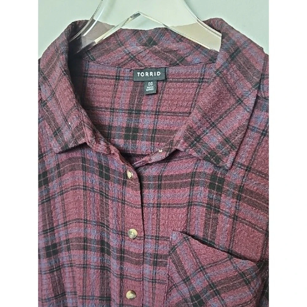 Torrid Plaid Button Down Shirt Burgundy Black Crinkle Gauze Boho Size 00 XL